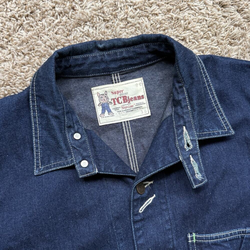 TCB Jeans Japan Stop Loss Blue Denim Jean Chore Jacket Button Men’s Size 38 / M - Picture 3 of 8